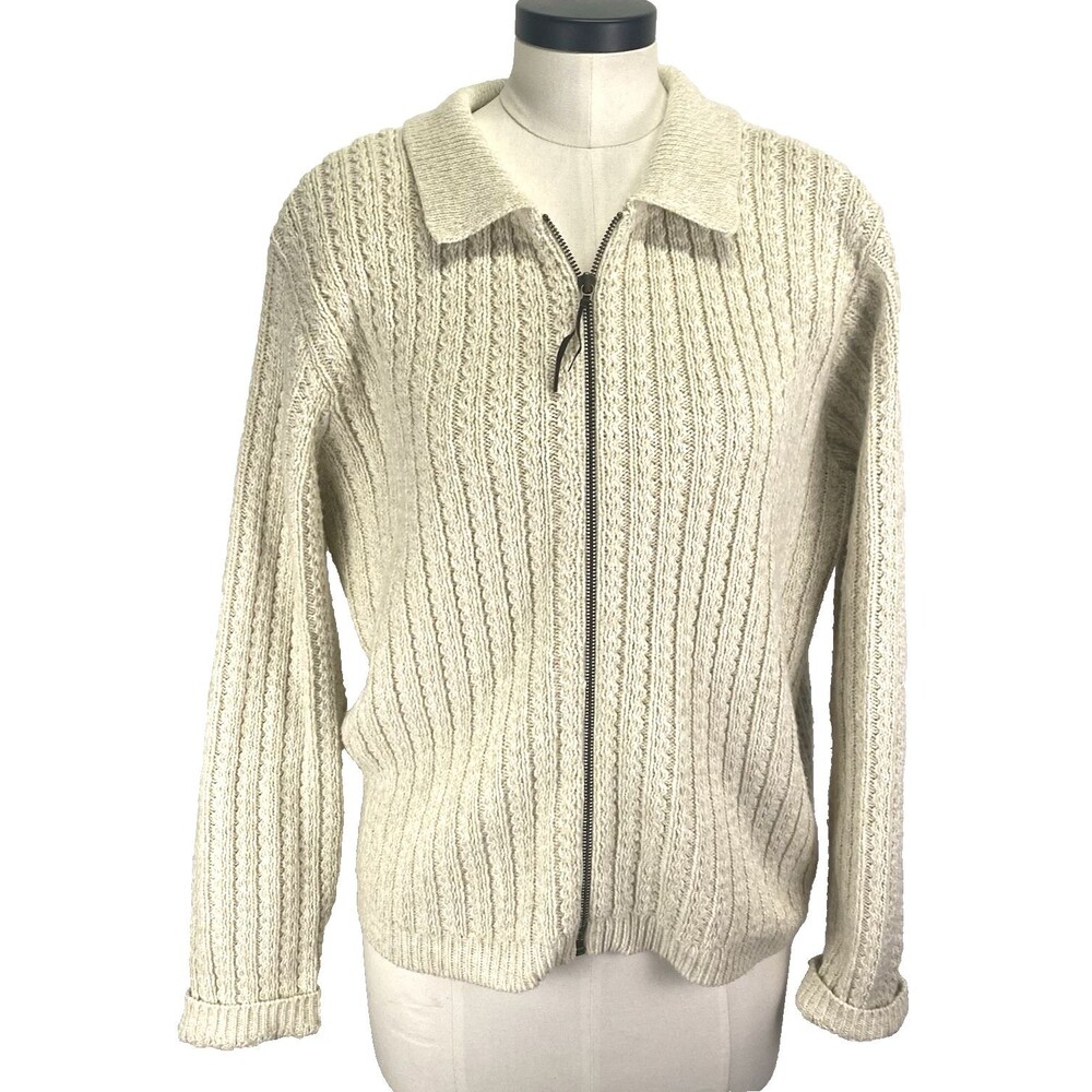 Jennifer Moore Women's Sweater Size M Ivory Open Knit Chunky Full Zip Collar LS